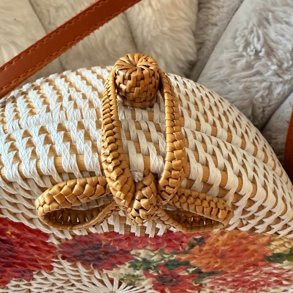Anthropologie Rattan Circle Bag Floral Print Woven Crossbody - Picture 3 of 6